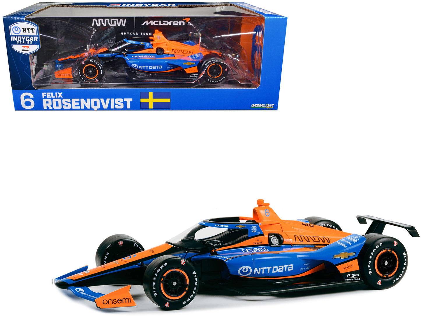 Greenlight Dallara IndyCar #6 Felix Rosenqvist "NTT DATA" Arrow McLaren "NTT IndyCar Series" (2023) 1/18 Diecast Model Car by Greenlight