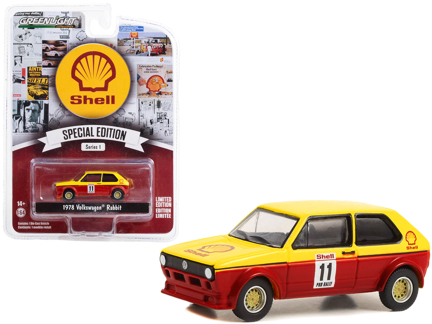 Greenlight 1978 Volkswagen Rabbit #11 Pro Rally Yellow and Red "Shell Oil" "Shell Oil Special Edition" Series 1 1/64 Diecast Model Car by Greenlight