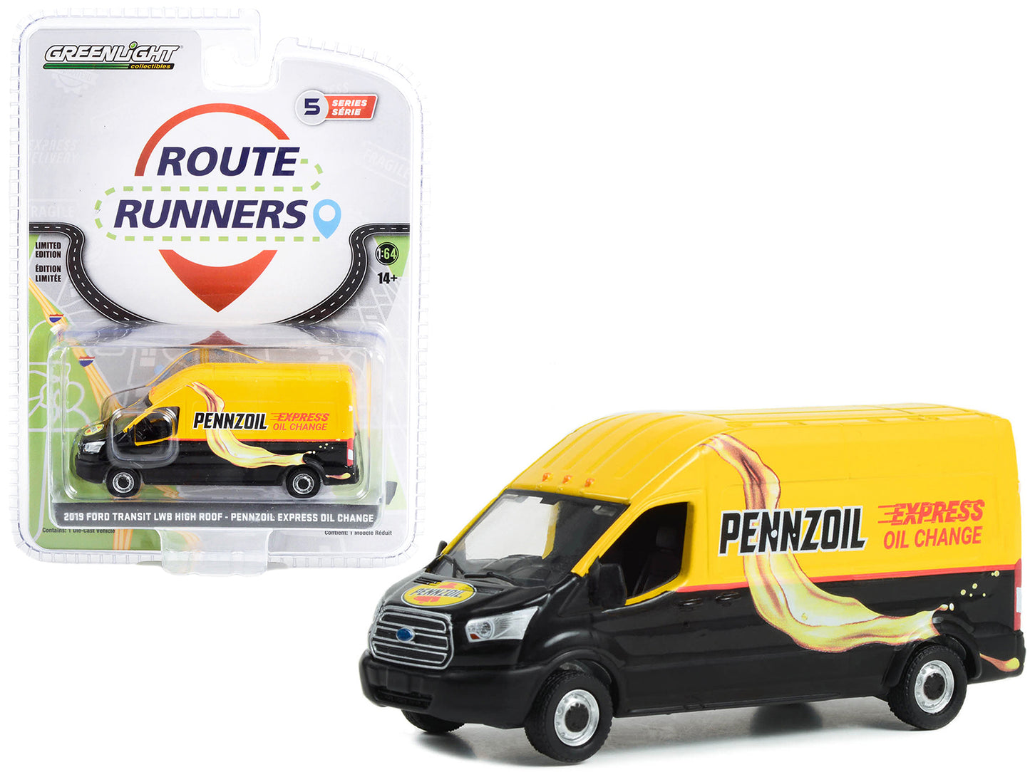 Greenlight 2019 Ford Transit LWB High Roof Van "Pennzoil Express Oil Change" Yellow and Black "Route Runners" Series 5 1/64 Diecast Model Car by Greenlight
