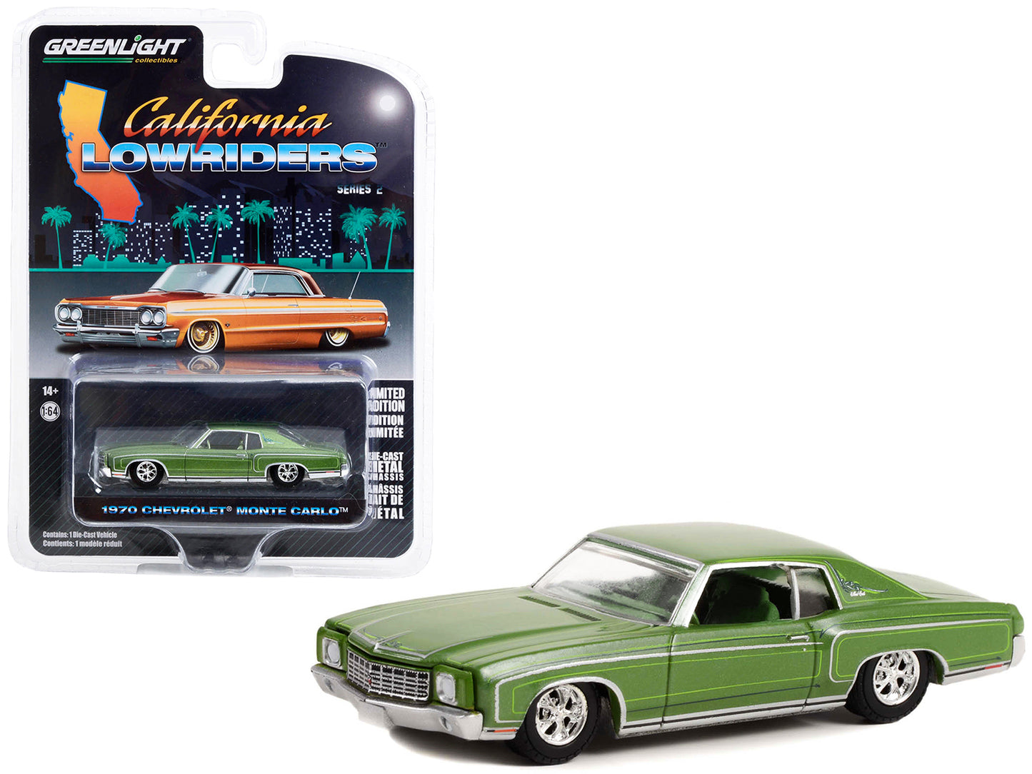 Greenlight 1970 Chevrolet Monte Carlo Green Metallic with Green Interior "California Lowriders" Series 2 1/64 Diecast Model Car by Greenlight