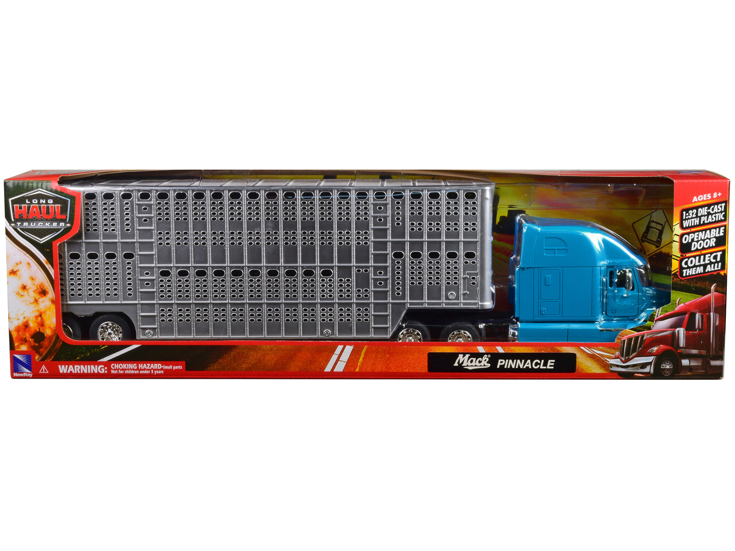 Mack Pinnacle Truck with Pot Belly Livestock Trailer Blue and Chrome "Long Haul Truckers" Series 1/32 Diecast Model by New Ray