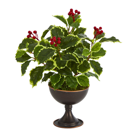 15" Variegated Holly Plant in Metal Chalice (Real Touch)