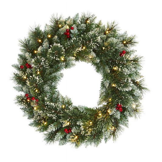 24" Frosted Swiss Pine Wreath w/35 LEDs and Berries