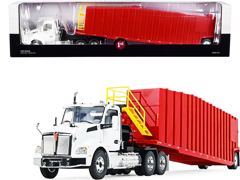 First Gear Kenworth T880 Winch Truck with Pinnacle Frac Tank Trailer White and Viper Red 1/34 Diecast Model by First Gear