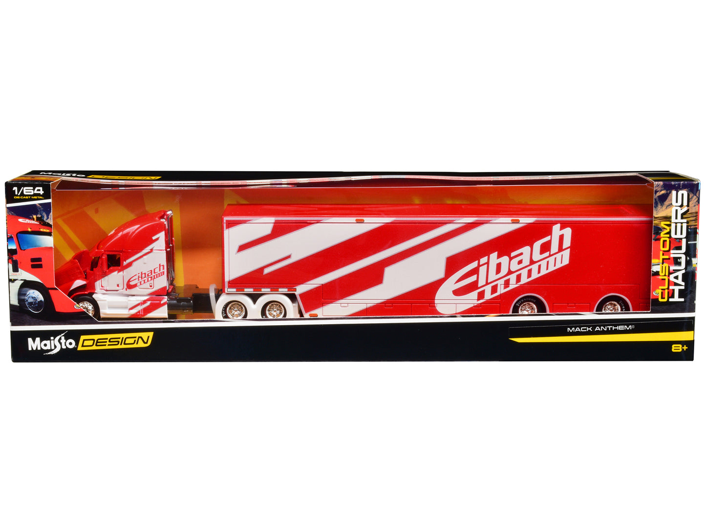 Maisto Mack Anthem Enclosed Car Transporter "Eibach" Red with White Graphics "Custom Haulers" Series 1/64 Diecast Model by Maisto