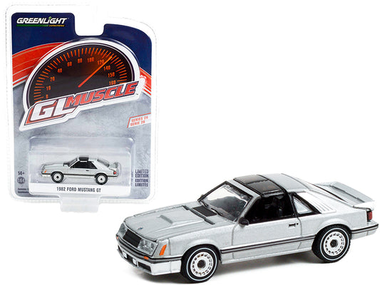 Greenlight 1982 Ford Mustang GT 5.0 Silver Metallic with Black Stripes "Greenlight Muscle" Series 26 1/64 Diecast Model Car by Greenlight