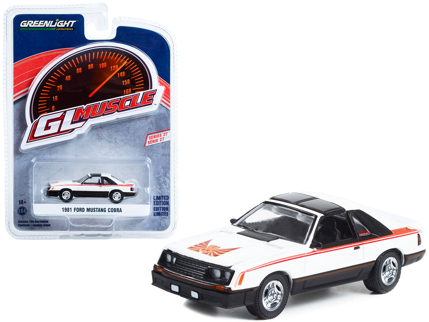 Greenlight 1981 Ford Mustang Cobra Polar White and Black with Red Stripes "Greenlight Muscle" Series 27 1/64 Diecast Model Car by Greenlight