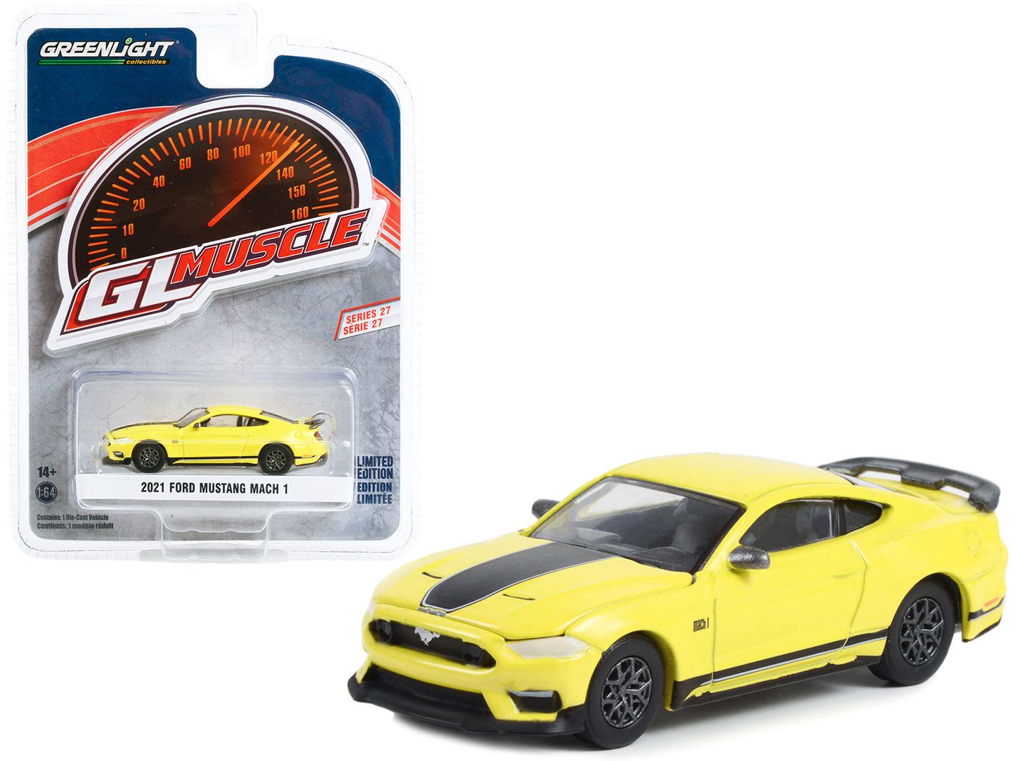 Greenlight 2021 Ford Mustang Mach 1 Grabber Yellow with Black Stripes "Greenlight Muscle" Series 27 1/64 Diecast Model Car by Greenlight