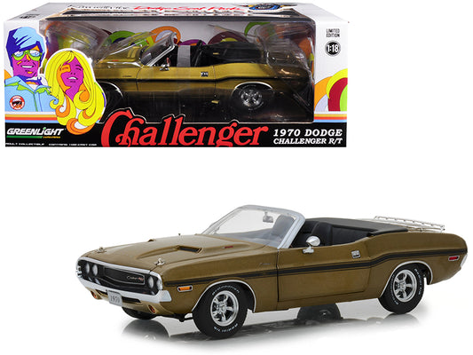 Greenlight 1970 Dodge Challenger R/T Convertible with Luggage Rack Metallic Gold with Black Stripes 1/18 Diecast Model Car by Greenlight