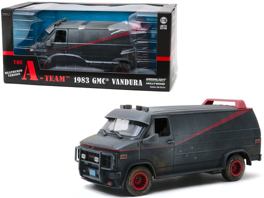 Greenlight 1983 GMC Vandura Black Weathered Version with Bullet Holes "The A-Team" (1983-1987) TV Series 1/18 Diecast Model Car by Greenlight