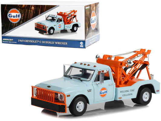 Greenlight 1969 Chevrolet C-30 Dually Wrecker Tow Truck "Gulf Oil Welding Tire Collision" Light Blue with Orange 1/18 Diecast Car Model by Greenlight