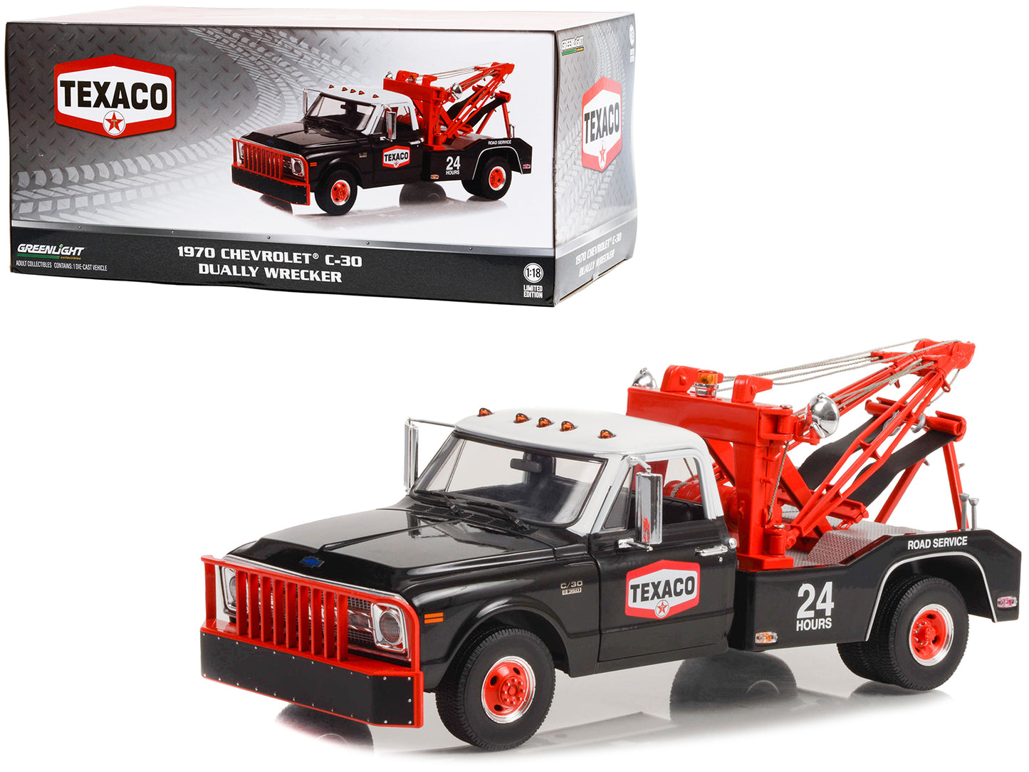 Greenlight 1970 Chevrolet C-30 Dually Wrecker Tow Truck "Texaco 24 Hour Road Service" Black with White Top 1/18 Diecast Model Car by Greenlight