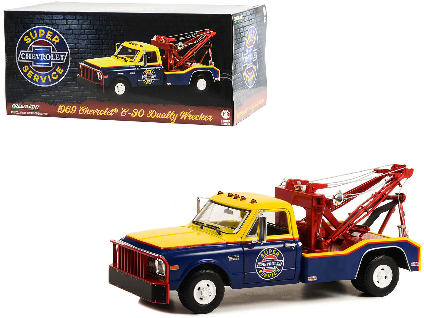 Greenlight 1969 Chevrolet C-30 Dually Wrecker Tow Truck "Chevrolet Super Service" Yellow and Blue 1/18 Diecast Car Model by Greenlight