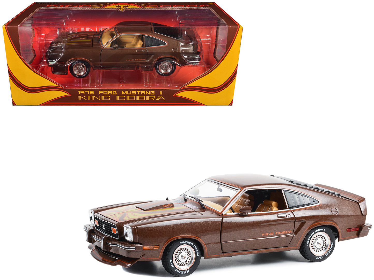 Greenlight 1978 Ford Mustang II King Cobra Dark Brown Metallic with Orange and Gold Hood Stripes 1/18 Diecast Model Car by Greenlight