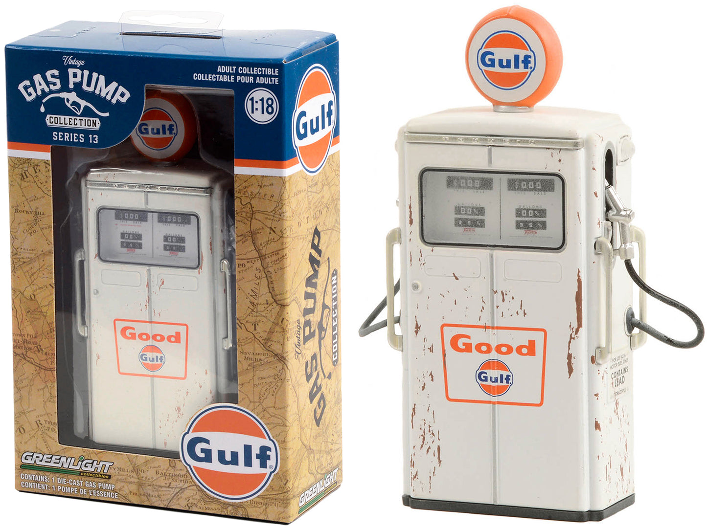 Greenlight 1954 Tokheim 350 Twin Gas Pump "Good Gulf - Gulf Oil" White (Weathered) "Vintage Gas Pumps" Series 13 1/18 Diecast Model by Greenlight