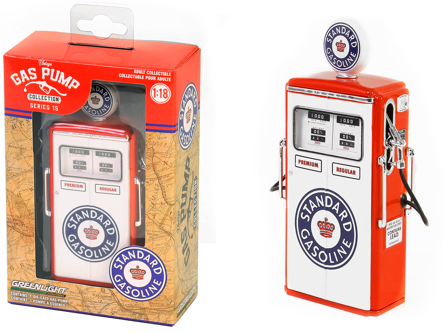 Greenlight 1954 Tokheim 350 Twin Gas Pump "Standard Gasoline" White and Red "Vintage Gas Pumps" Series 15 1/18 Diecast Replica by Greenlight