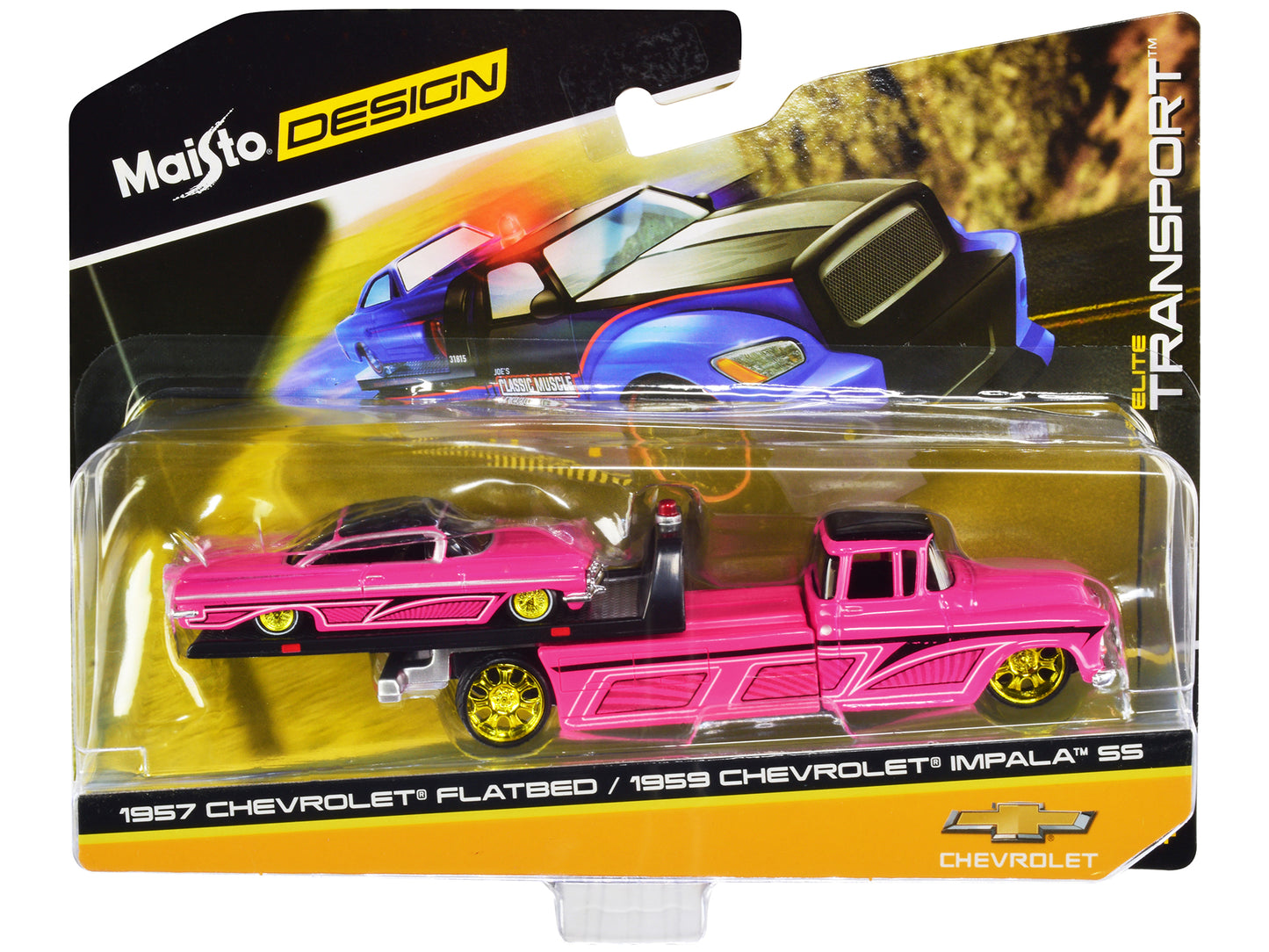 Maisto 1957 Chevrolet Flatbed Truck and 1959 Chevrolet Impala SS Hot Pink with Black Top and Graphics "Elite Transport" Series 1/64 Diecast Models by Maisto
