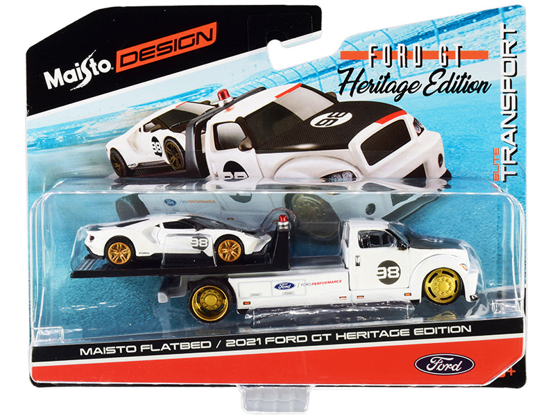 Maisto 2021 Ford GT #98 Heritage Edition with Flatbed Truck White and Black "Elite Transport" Series 1/64 Diecast Model Cars by Maisto