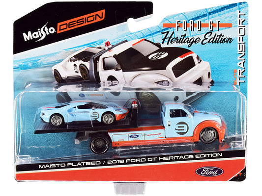 Maisto 2019 Ford GT #9 Heritage Edition with Flatbed Truck Light Blue and Orange "Elite Transport" Series 1/64 Diecast Model Cars by Maisto