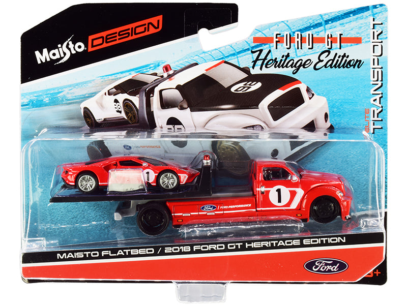 Maisto 2018 Ford GT #1 Heritage Edition with Flatbed Truck Red with White Stripes "Elite Transport" Series 1/64 Diecast Model Cars by Maisto