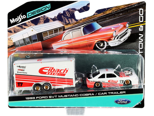 Maisto 1993 Ford SVT Mustang Cobra #17 with Enclosed Car Trailer "Eibach" White with Red Stripes "Tow & Go" Series 1/64 Diecast Model Cars by Maisto