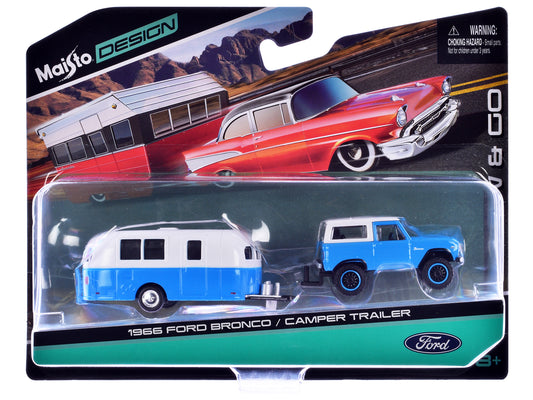 Maisto 1966 Ford Bronco Blue with White Top and Camper Trailer Blue and White "Tow & Go" Series 1/64 Diecast Model Car by Maisto