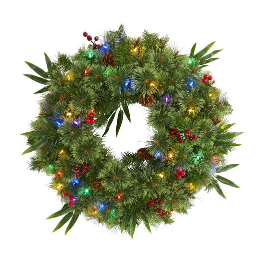 24" Wreath 100 TIPS 50 Multi LED Lite berry & pine cone