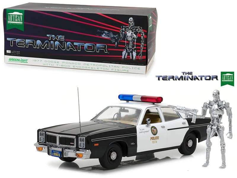 Greenlight 1977 Dodge Monaco Metropolitan Police with T-800 Endoskeleton Figurine "The Terminator" (1984) Movie 1/18 Diecast Model Car by Greenlight