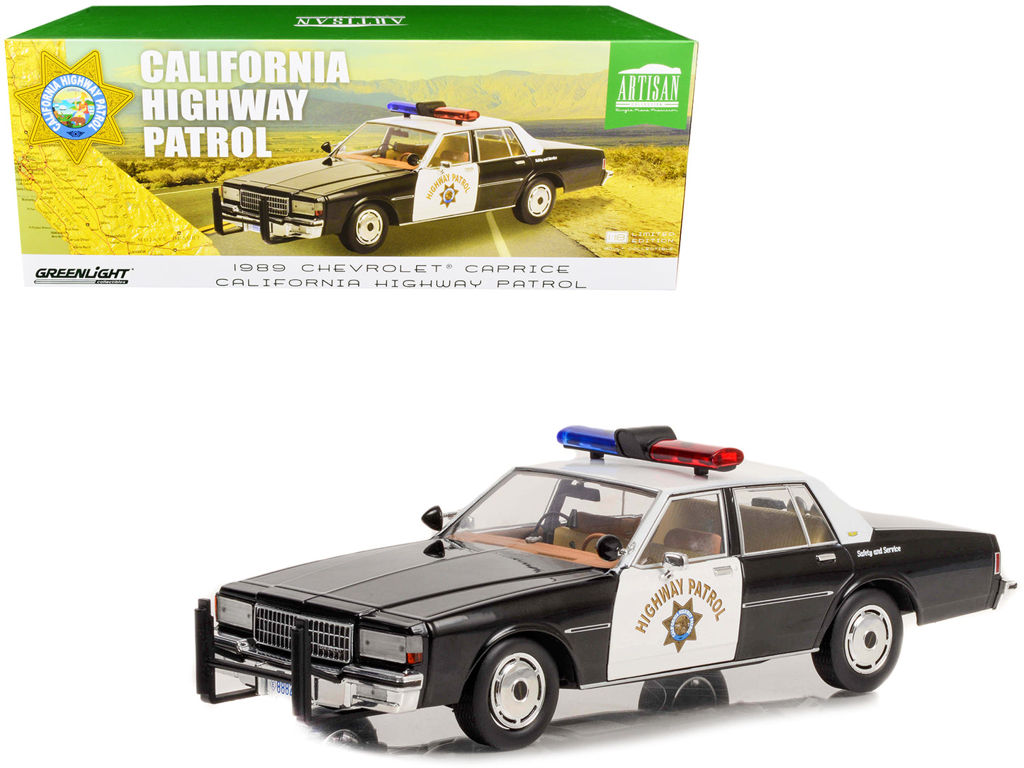 Greenlight 1989 Chevrolet Caprice Police Black and White "California Highway Patrol" "Artisan Collection" 1/18 Diecast Model Car by Greenlight