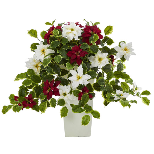 23" Poinsettia and Holly Plant in Planter (Real Touch)