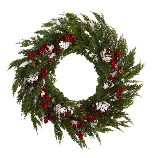 28'' Frosted Cypress with Berries and Pine Cones Wreath