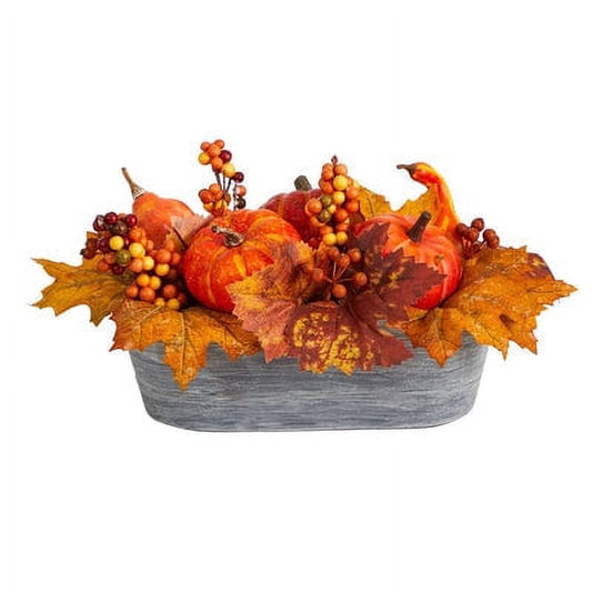 12" Pumpkin Harvest Artificial Arrangement in Washed Vase
