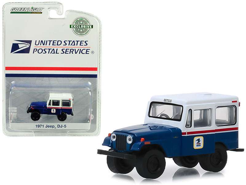 Greenlight 1971 Jeep DJ-5 Blue and White "United States Postal Service" (USPS) "Hobby Exclusive" 1/64 Diecast Model Car by Greenlight