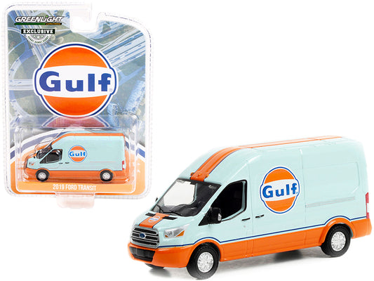 Greenlight 2019 Ford Transit LWB High Roof Van "Gulf Oil" Light Blue and Orange "Hobby Exclusive" 1/64 Diecast Model Car by Greenlight