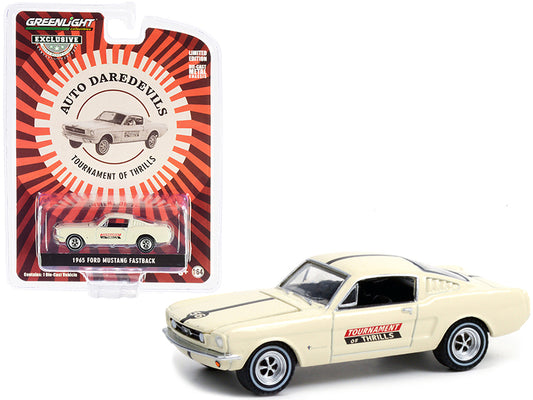 Greenlight 1965 Ford Mustang Fastback #56 Cream Auto Daredevils "Tournament Of Thrills" "Hobby Exclusive" 1/64 Diecast Model Car by Greenlight