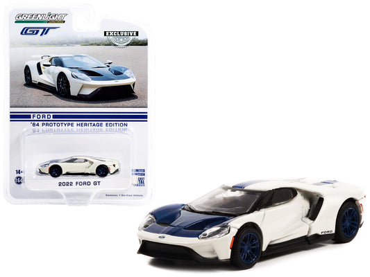 Greenlight 2022 Ford GT "1964 Prototype Heritage Edition" White Metallic with Blue Hood and Stripe "Hobby Exclusive" Series 1/64 Diecast Model Car by Greenlight