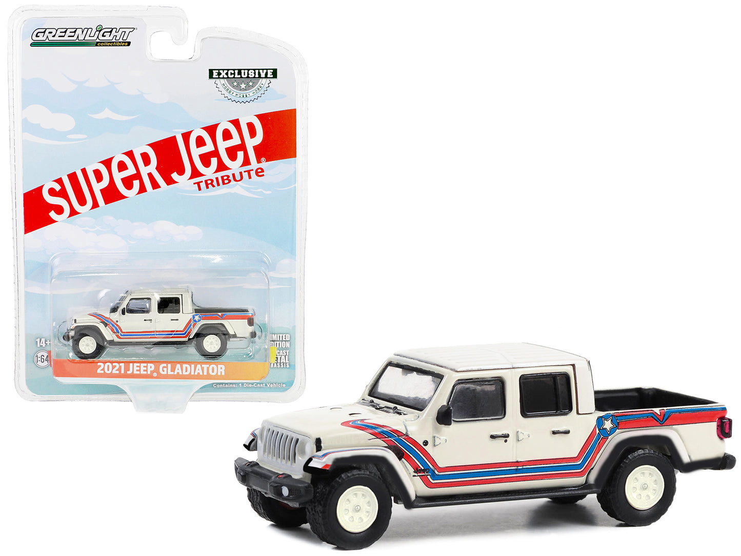 Greenlight 2021 Jeep Gladiator Pickup Truck "Super Jeep Tribute" White with Red and Blue Stripes "Hobby Exclusive" Series 1/64 Diecast Model Car by Greenlight