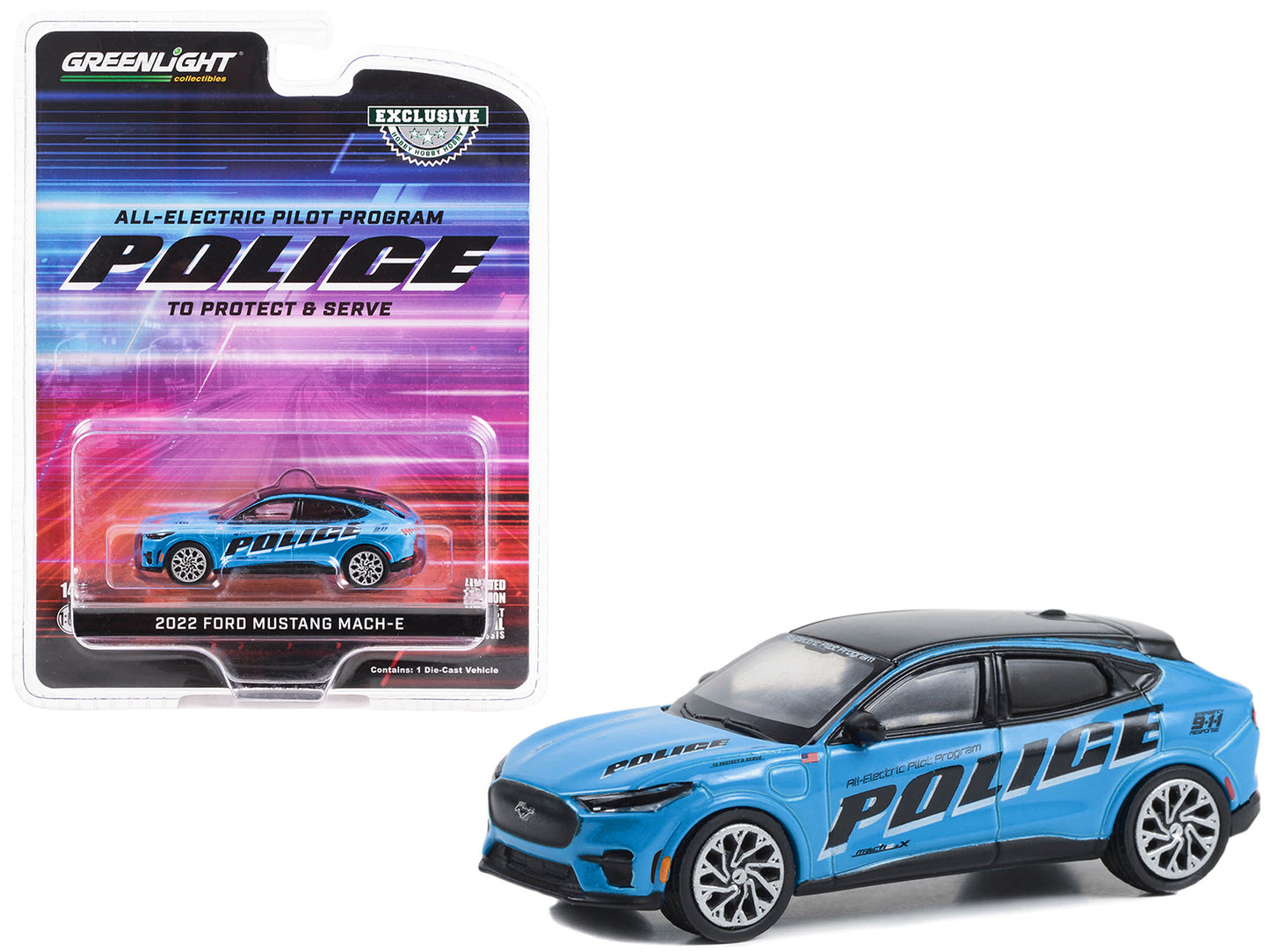 Greenlight 2022 Ford Mustang Mach-E Police Blue with Black Top "All-Electric Pilot Program Vehicle" "Hobby Exclusive" Series 1/64 Diecast Model Car by Greenlight