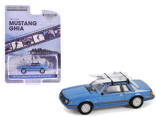 Greenlight 1981 Ford Mustang Ghia Coupe Blue Glow Metallic with Ski Roof Rack "Hobby Exclusive" Series 1/64 Diecast Model Car by Greenlight