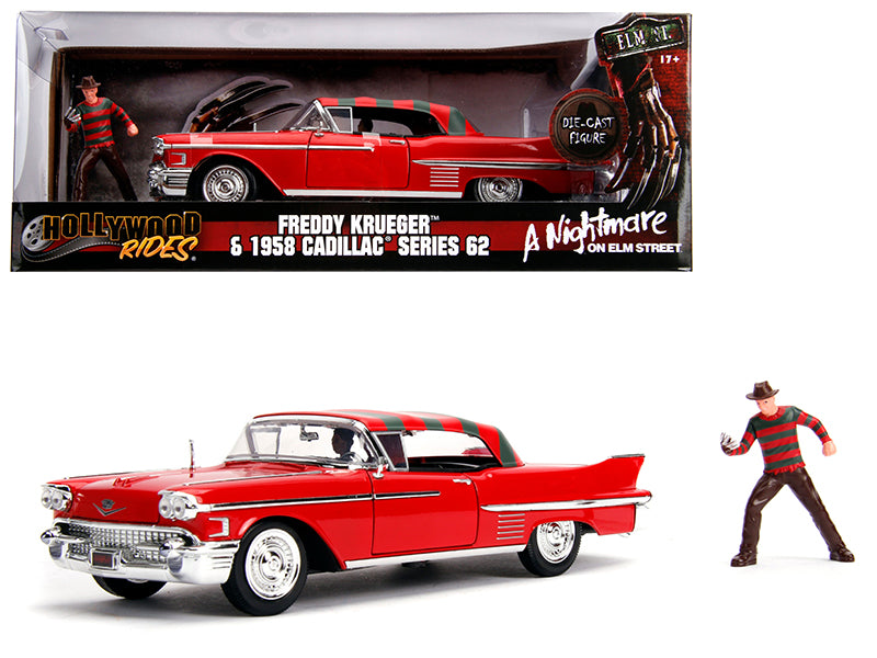 Jada 1958 Cadillac Series 62 Red with Freddy Krueger Diecast Figurine "A Nightmare on Elm Street" Movie 1/24 Diecast Model Car by Jada