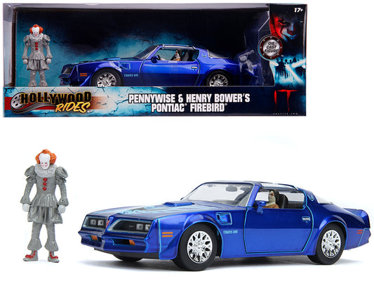 Jada Henry Bower's Pontiac Firebird Trans Am Candy Blue with Pennywise Diecast Figurine "It Chapter Two" (2019) Movie 1/24 Diecast Model Car by Jada