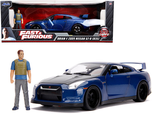 Jada 2009 Nissan GT-R (R35) Blue Metallic and Carbon with Lights and Brian Figurine "Fast & Furious" Movie 1/18 Diecast Model Car by Jada