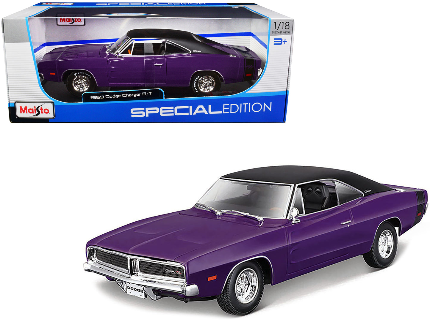 Maisto 1969 Dodge Charger R/T Purple with Matt Black Top and Black Tail Stripe "Special Edition" 1/18 Diecast Model Car by Maisto