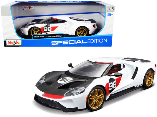 Maisto 2021 Ford GT #98 White "Heritage Edition" 1/18 Diecast Model Car by Maisto