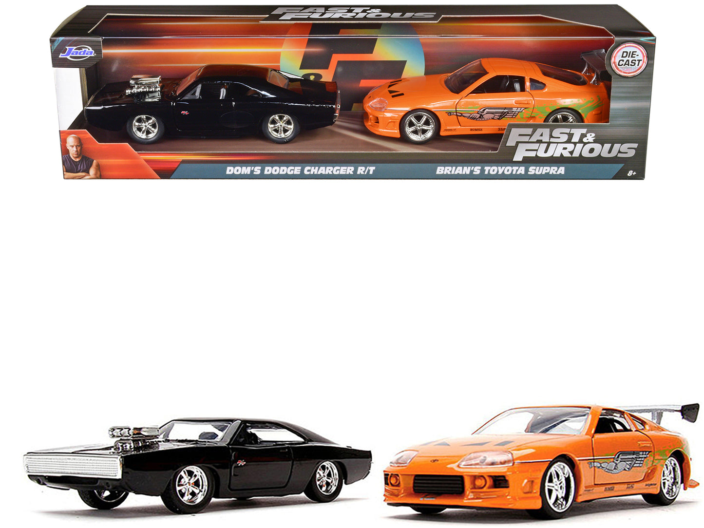 Jada Dom's Dodge Charger R/T Black and Brian's Toyota Supra Orange Set of 2 pieces "Fast & Furious" Series 1/32 Diecast Model Cars by Jada