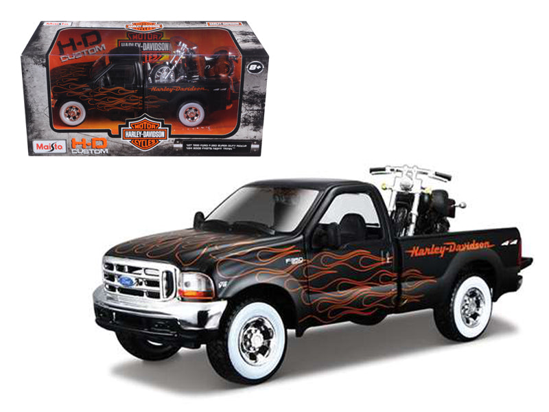 Maisto 1999 Ford F-350 Super Duty Pickup Black with Flames 1/27 & 2002 Harley Davidson FLSTB Motorcycle Night Train 1/24 Diecast Models by Maisto