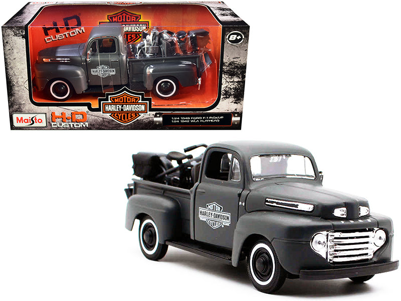 Maisto 1948 Ford F-1 Pickup Truck and 1942 Harley-Davidson WLA Flathead Motorcycle Matt Dark Gray "Harley-Davidson Custom" 1/24 Diecast Models by Maisto