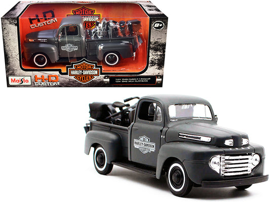Maisto 1948 Ford F-1 Pickup Truck and 1942 Harley-Davidson WLA Flathead Motorcycle Matt Dark Gray "Harley-Davidson Custom" 1/24 Diecast Models by Maisto