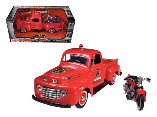 Maisto 1948 Ford F-1 Pickup Truck "Harley Davidson" Fire Truck and 1936 El Knucklehead Motorcycle 1/24 Diecast Models by Maisto