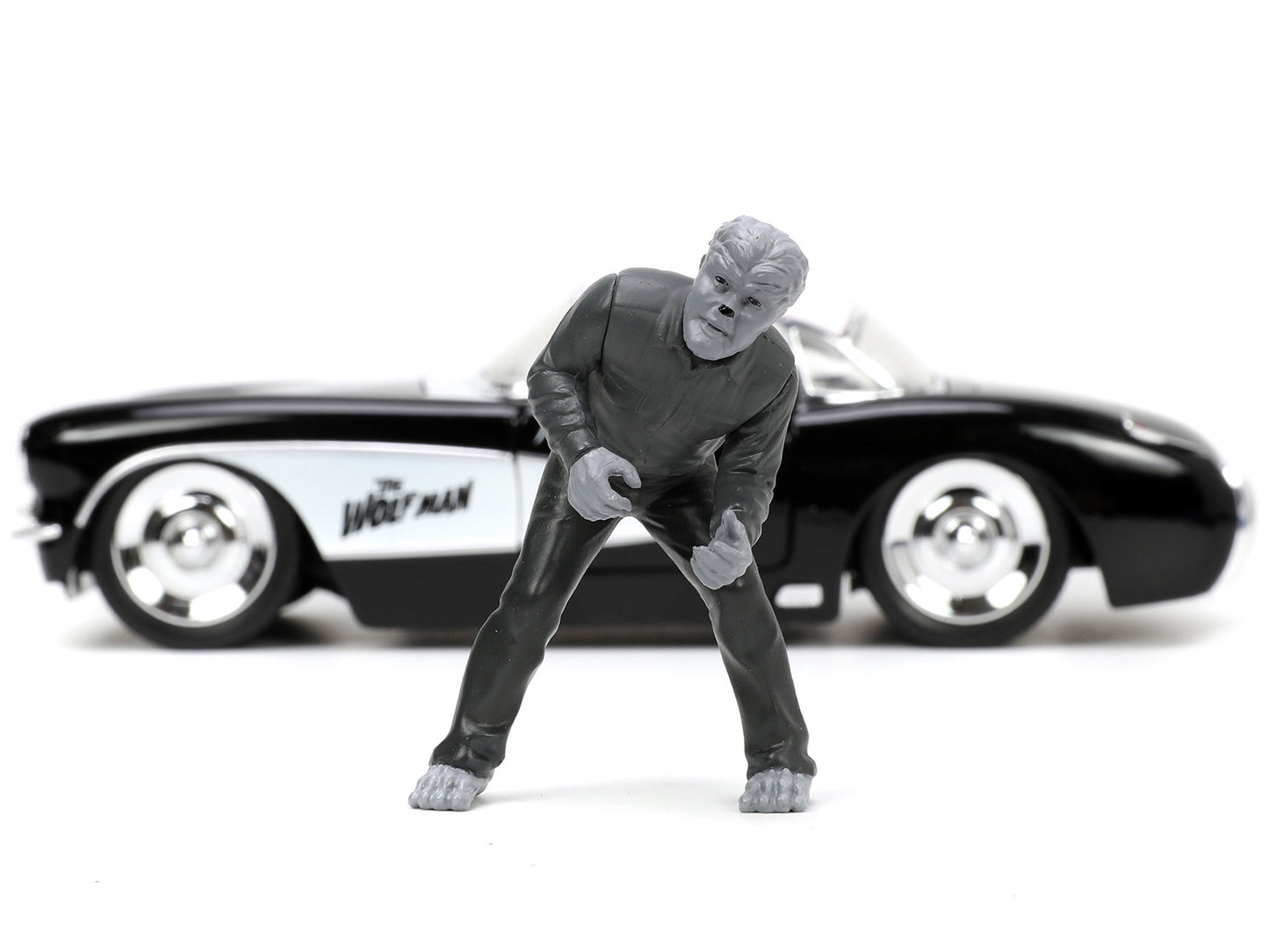 Jada 1957 Chevrolet Corvette Black with White Top and Wolfman Diecast Figure "Universal Monsters" "Hollywood Rides" Series 1/24 Diecast Model Car by Jada
